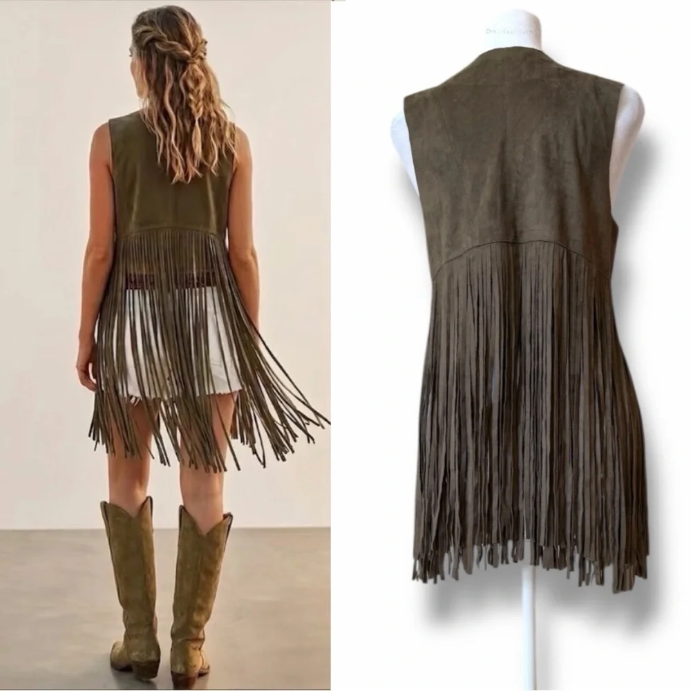 FATE Woodstock Olive Green Faux Suede Fringe Vest Western Festival Boho  Small - Picture 3 of 13
